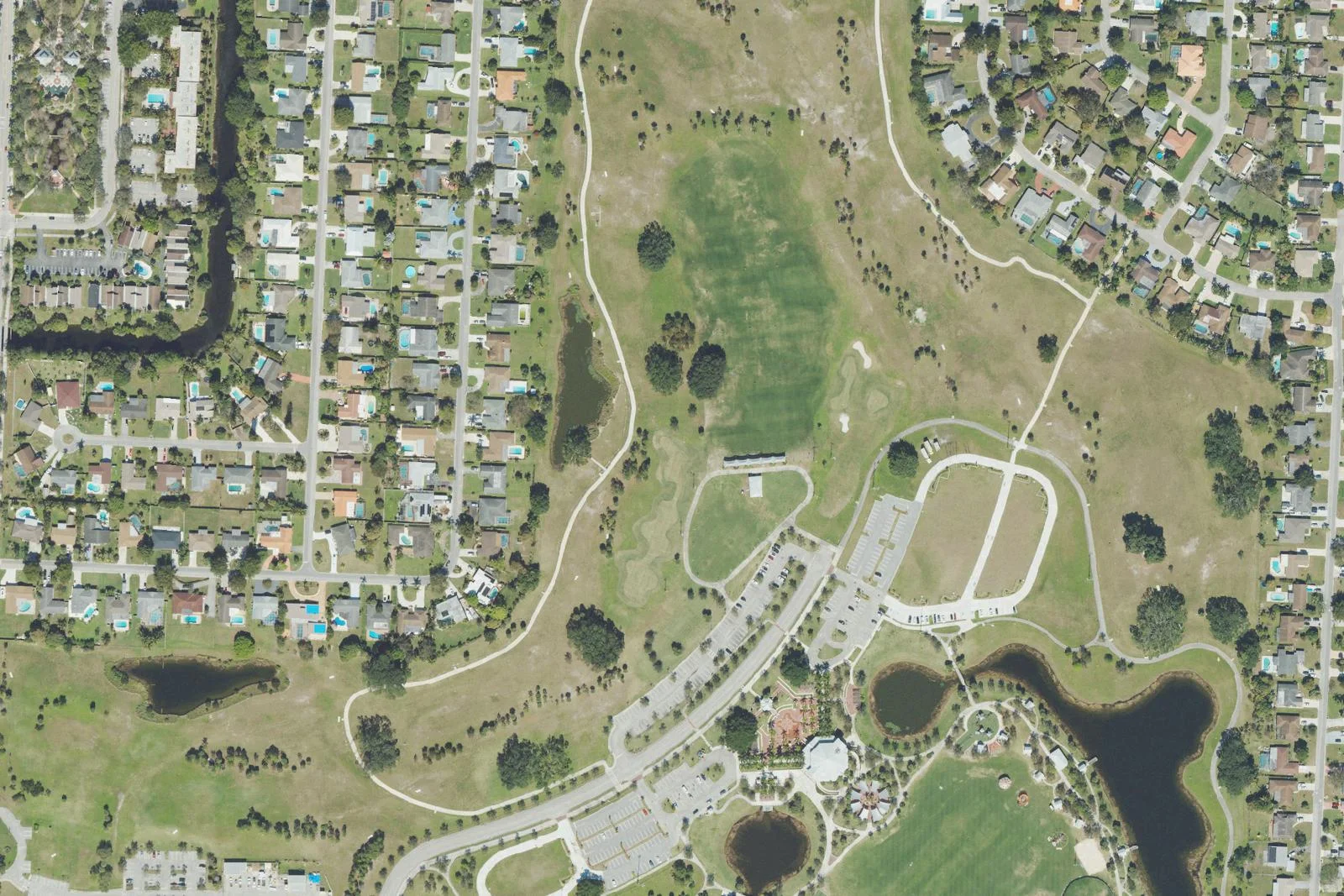 Aerial photograph of Commons Park paths, lawns and lakes in Royal Palm Beach